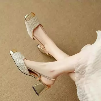 Модные женские туфли-лодочки 2024 года, новые модные летние качественные туфли на среднем квадратном каблуке, золотисто-серебряные, из натуральной кожи, для вечеринок, для офиса, женская обувь 35 серебряный