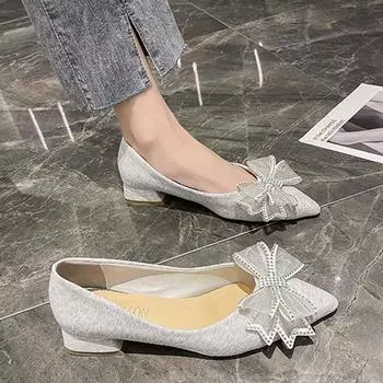 Модные женские туфли-лодочки на квадратном каблуке с кружевом и бантом, новые женские туфли без шнуровки с острым носком и кристаллами, вечерние туфли, женские удобные туфли на низком каблуке 35 золотой