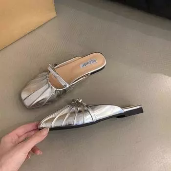 Модные женские туфли-лодочки на низком каблуке серебристого цвета с квадратным носком, туфли на плоской подошве для женщин, балетки, удобные женские сандалии с бантом 35 чёрный