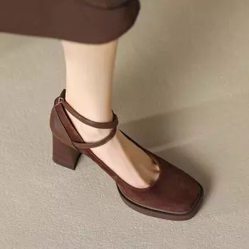 Модные женские туфли-лодочки на толстом высоком каблуке с квадратным носком Элегантные женские туфли на каблуке Винтажные свадебные туфли для невесты Вечеринка Официальные туфли с перекрестными ремешками 35 чёрный