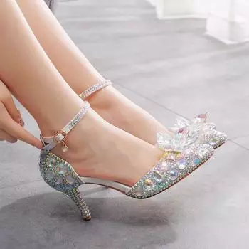 Модные женские туфли-лодочки на высоком каблуке с открытым носком и кристаллами, 7 см, свадебные туфли, размер 33-43 33 белый