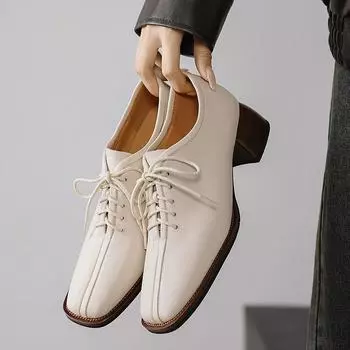 Модные женские туфли-лодочки на высоком каблуке с квадратным носком из натуральной кожи, лаконичные офисные женские повседневные туфли на шнуровке, весна-лето 2024 г. 34 чёрный