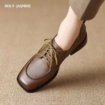 Модные женские туфли-лодочки на высоком каблуке, офисные женские винтажные туфли из натуральной кожи со шнуровкой на толстом каблуке, женская обувь 2024 года, весна-лето 34 хаки