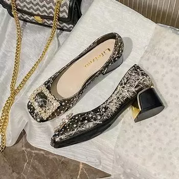 модные женские туфли-лодочки Pearl Thick Mid Health женские туфли Square Toe New Autumn Casual Large Women Shoes 41-43 Zapatillas Mujer 35 абрикосовый