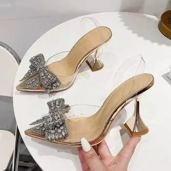 Модные женские туфли-лодочки с бантом и кристаллами, блестками, пикантные свадебные туфли на высоком каблуке с острым носком, женские прозрачные сандалии из ПВХ 36