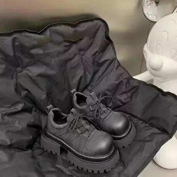 модные женские туфли-лодочки с круглым носком и средним каблуком для женщин, мокасины со шнуровкой, обувь на увеличивающейся платформе, однотонные туфли с низким верхом 35 чёрный