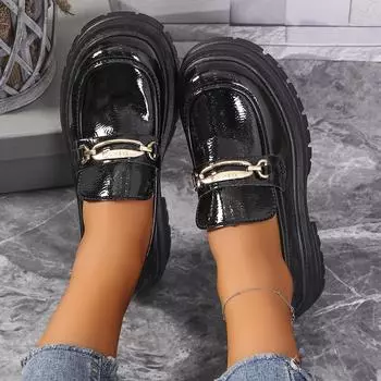 Модные женские туфли-лодочки с круглым носком и низким каблуком для женщин, офисные туфли для женщин, нескользящие туфли с металлическими украшениями, туфли-лоферы на платформе 35