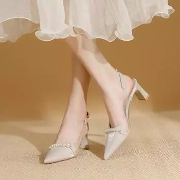 модные женские туфли-лодочки с острым носком, туфли-лодочки с жемчугом, свадебные туфли на высоком каблуке, женские туфли для невесты, туфли на толстом каблуке, босоножки с ремешком сзади 34 бежевый