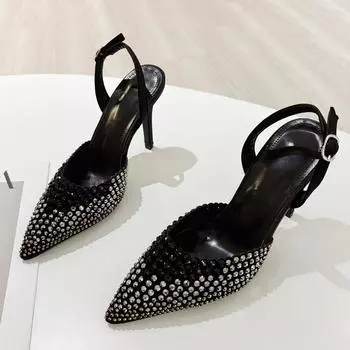 Модные женские туфли-лодочки со стразами, острым носком, на тонком высоком каблуке, сандалии с пряжкой на щиколотке, для выпускного вечера, в уличном стиле, женская летняя обувь 35