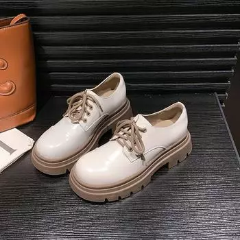 Модные женские туфли-лодочки в британском стиле, повседневные, маленькие кожаные туфли, весна, новый стиль, универсальные, на толстой подошве, со шнуровкой, на платформе из кожи 35 бежевый