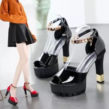 Модные женские туфли-лодочки весна-лето со стразами 11,5 см на высоком каблуке Туфли на платформе с толстым каблуком Босоножки на платформе с пряжкой на щиколотке Женская обувь 34 красный