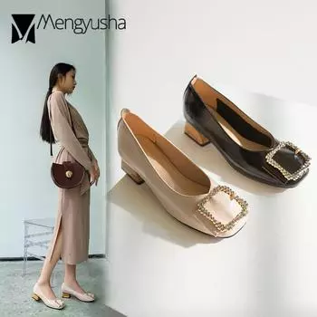 Модные женские туфли-лоферы из лакированной кожи с металлической пряжкой и кристаллами на низком толстом деревянном каблуке с неглубоким квадратным носком, женские мокасины на плоской подошве2024 4.5 абрикосовый