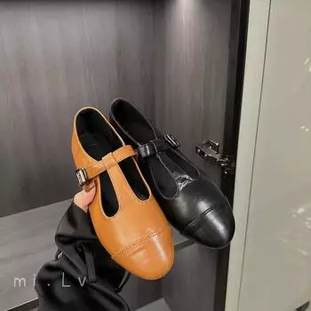 Модные женские туфли-лоферы Round Tow на плоской подошве, черные, коричневые, с пряжкой на ремне, повседневные туфли, женские модные туфли-лоферы Lazy Cute Mules, размер 35-39 5.5 чёрный