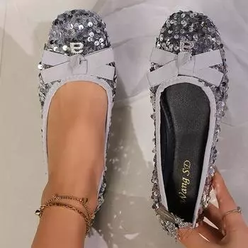 Модные женские туфли-лоферы с бантом и кристаллами на плоской подошве 2024 года, модные новые повседневные кроссовки для бега, удобные прогулочные трендовые женские туфли 35 серебряный
