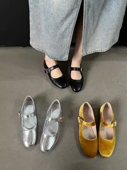 Модные женские туфли-лоферы с круглым носком на плоской подошве 2024 года, новые поступления, цвет черный, серебристый, желтый, осень-весна, модная повседневная пляжная обувь, женские размеры 35-39 5.5 чёрный