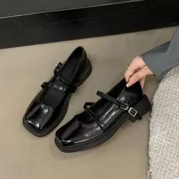 Модные женские туфли-лоферы с квадратной головкой, весна-осень, женская обувь, повседневная, с пряжкой на ремне, повседневная одежда, милые туфли-лодочки на толстом среднем каблуке, туфли Мэри Джейн 35 чёрный