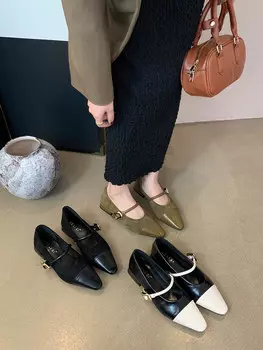 Модные женские туфли-лоферы с острым носком, танцевальная обувь, новинка 2024 года, черные, белые, зеленые, модельные туфли, плоские, на низком каблуке, с пряжкой на ремне, повседневные мюли 5.5 чёрный