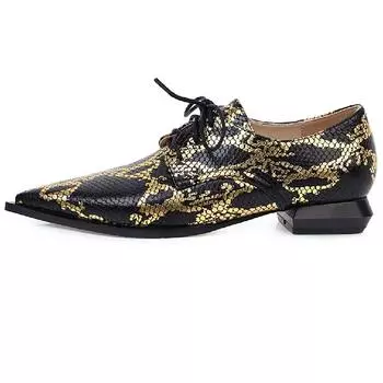 Модные женские туфли-лоферы со змеиным принтом, повседневные туфли на низком каблуке, модные туфли-лодочки со шнуровкой, женские сексуальные туфли-оксфорды со змеиным принтом в европейском стиле 34 золотой