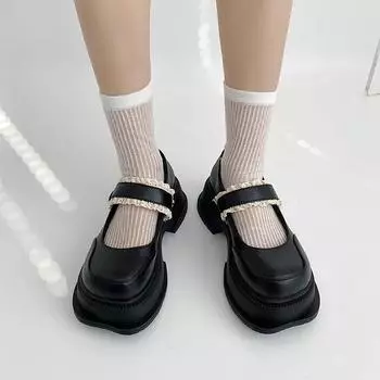 Модные женские туфли-лоферы в стиле ретро с толстой подошвой, увеличивающей высоту каблука, туфли Мэри Джейн с неглубоким носком, черные, бежевые, на толстом каблуке 5,5 см, женские туфли-лодочки 35 бежевый