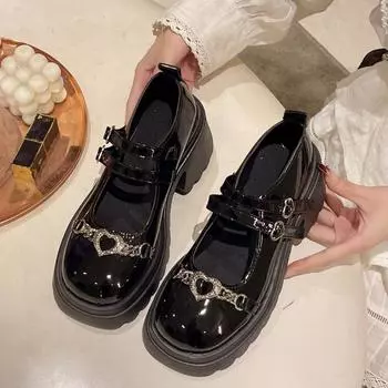 Модные женские туфли Мэри Джейн из лакированной кожи на платформе с милой пряжкой в форме сердца в стиле Лолиты, женские туфли на толстом каблуке, туфли-лодочки Zapatos Mujer 35 чёрный
