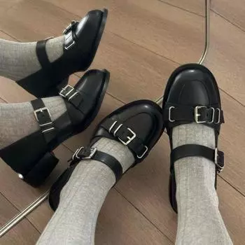 Модные женские туфли Мэри Джейн на каблуке, осенние, с двумя пряжками на ремне, черные, повседневные туфли для женщин, кроссовки для активного отдыха, удобная женская обувь 35 чёрный