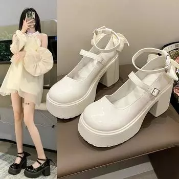 Модные женские туфли Мэри Джейн на толстой подошве, модные лакированные туфли с ремешком на щиколотке и высоким каблуком, женские туфли с бантом, модные и универсальные 35 бежевый