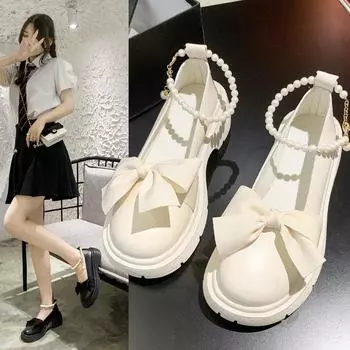 Модные женские туфли Мэри Джейн на толстой подошве, туфли на высоком каблуке для вечеринок, осень 2024, новые туфли с бантом и цепочкой, женские туфли-оксфорды 35 бежевый