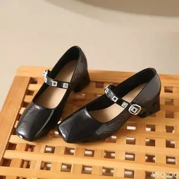 Модные женские туфли Мэри Джейн на толстом каблуке с пряжкой, женские модные туфли-лодочки на платформе с пряжкой, женские туфли-лодочки из искусственной кожи с толстым каблуком 34 чёрный