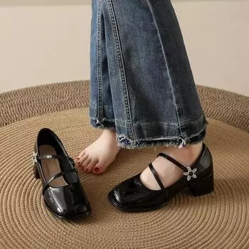 Модные женские туфли Мэри Джейн на высоком каблуке 5 см на весну и осень с квадратной головкой и неглубоким вырезом, элегантные модные повседневные женские туфли для вечеринок 35 чёрный