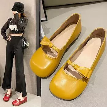 Модные женские туфли Мэри Джейн с милым бантом 2024 года, новые туфли на плоской подошве из натуральной кожи в стиле ретро с квадратным носком, женские повседневные туфли на плоской подошве 35 бежевый