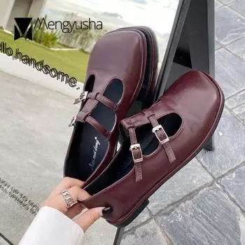Модные женские туфли Мэри Джейн с вырезанной пряжкой на плоской подошве, женские мокасины с квадратным носком, корейские туфли в стиле Лолита, маленькие кожаные туфли для женщин, оксфорды 5 чёрный