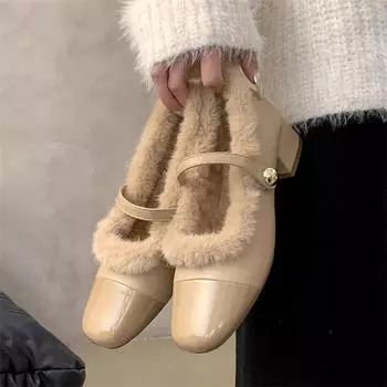Модные женские туфли Мэри Джейн, зимние пушистые сексуальные туфли на высоком каблуке, роскошные вечерние белые туфли на каблуке 2024 года, новые модные плюшевые теплые туфли-лодочки для женщин из хлопка 35 коричневый