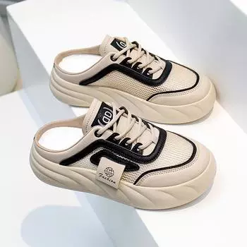 Модные женские туфли-мюли, летние дышащие сетчатые туфли на плоской подошве, повседневная женская обувь на шнуровке 35 (US 5) чёрный