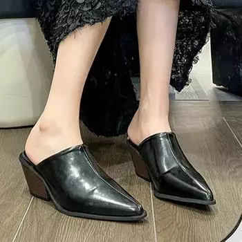 Модные женские туфли-мюли на среднем каблуке, заостренные, массивные, стильные, сексуальные, туфли на каблуке-слипе, новинка осени 2024 года, элегантный стиль, туфли-слипоны Zapatos Mujer 35 бежевый
