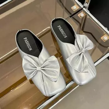 Модные женские туфли-мюли с бантом на плоской подошве с квадратным носком, повседневные тапочки с открытой пяткой, осенняя мода 2024 года, новые прогулочные туфли, уютное платье Mujer Zapatos 35 серебряный