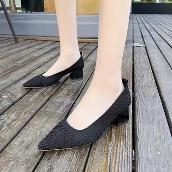 Модные женские туфли на большом каблуке 2024 года, новые туфли на высоком каблуке, вязаные дышащие резиновые нескользящие подошвы, весенние и осенние туфли из латекса 34 чёрный