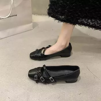 Модные женские туфли на грубом каблуке, осенние новые туфли с квадратной головкой, неглубоким воротом, пряжкой на ремне, мягкой подошвой, нескользящие, износостойкие, низкие туфли 35 чёрный