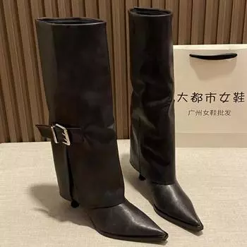модные женские туфли на каблуках до колена, высокие сапоги, брендовые туфли с острым носком, тренд 2024 года, готические туфли-лодочки для вечеринок, кожаные туфли, модные туфли «Челси» Botas Mujer 35 чёрный