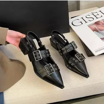 Модные женские туфли на низком каблуке, хит продаж, модные женские туфли на плоской подошве с пряжкой, повседневные женские сандалии с острым носком, мюли, высокие каблуки 34 бежевый