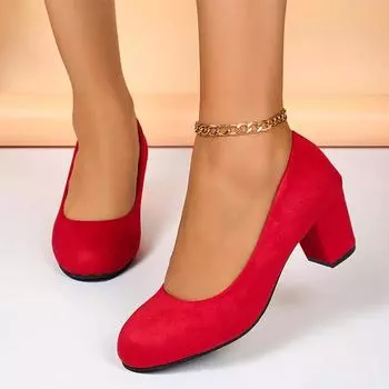 Модные женские туфли на низком каблуке из замши среднего размера на массивном каблуке 2024 года, модные новые туфли для ходьбы, сандалии, туфли-лодочки, сексуальное трендовое платье, женские туфли 35 красный