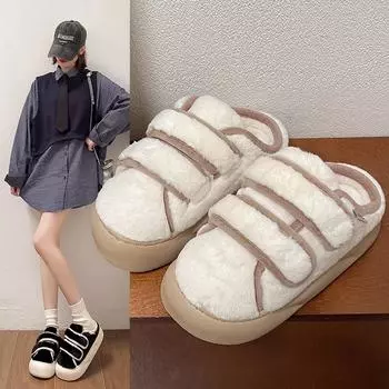 Модные женские туфли на низком каблуке, мокасины на меху, удобные, универсальные, на толстой подошве, 2024, новые, зимние, теплые, модные туфли 36 бежевый