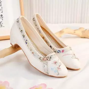 Модные женские туфли на низком каблуке с острым носком, вышитые туфли-ципао, удобные туфли из ткани с неглубоким вырезом, универсальная повседневная обувь 35 бежевый