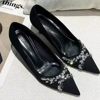 Модные женские туфли на низком каблуке женские туфли на высоком каблуке с кристаллами для офиса и карьеры сексуальные туфли на каблуках с острым носком для женщин Zapatos 35