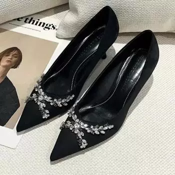 Модные женские туфли на низком каблуке, женские туфли на высоком каблуке, горячая распродажа, хрустальные туфли для офиса и карьеры, сексуальные туфли с острым носком для женщин 35 чёрный