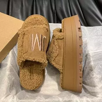модные женские туфли на платформе из меха и замши, модные туфли на плоской подошве из плюша и хлопка, повседневная женская обувь с открытой пяткой, зима 2025, тренд, теплые туфли Zapatos Mujer 35 верблюд