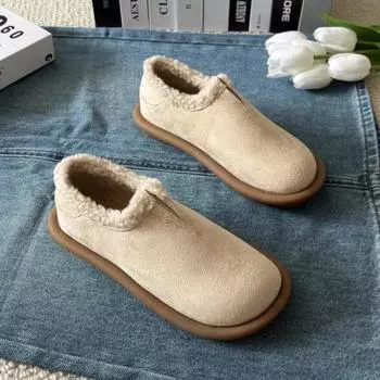 Модные женские туфли на платформе из меха и замши на плоской подошве, теплые плюшевые хлопковые туфли, брендовая повседневная обувь для женщин 2024 года, зимние удобные нескользящие туфли Zapatos Mujer 35 покинуть белый