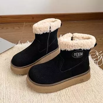 Модные женские туфли на платформе из замши на плоской подошве с мехом, зимние ботинки из плюша и хлопка, теплые, трендовые, удобные, нескользящие, для ходьбы, Botas Mujer 35 чёрный
