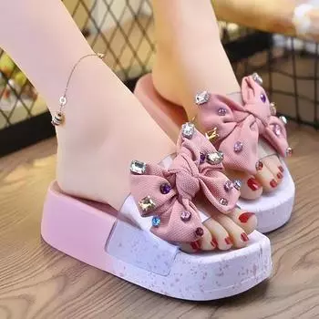 модные женские туфли на платформе лето 2024 года туфли на среднем каблуке с открытым носком и бантом модные шлепанцы пляжная женская обувь на открытом воздухе Zapatos De Mujer 36 чёрный
