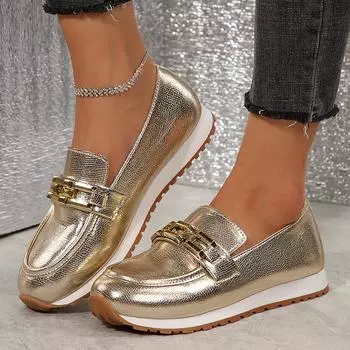 Модные женские туфли на платформе с цепочным декором Модные туфли на плоской подошве из искусственной кожи золотистого и серебристого цвета Женские легкие повседневные туфли без застежек Большие размеры 36 золотой