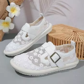 Модные женские туфли на плоской подошве 2024 года, летние модные повседневные женские туфли на плоской подошве с пряжкой из сетки, дышащие, удобные женские туфли 35 белый